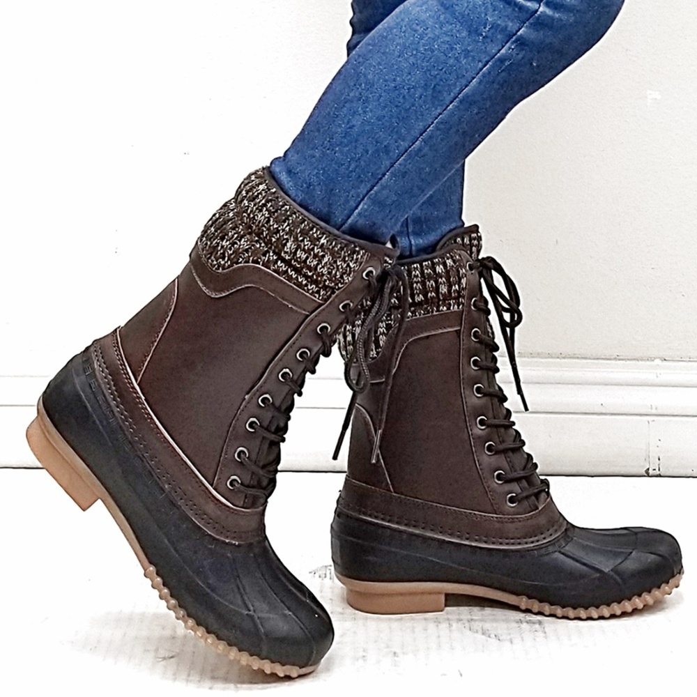 New Brown Sweater Lace Mid-Calf Snow Duck Boots - Picture 1 of 4
